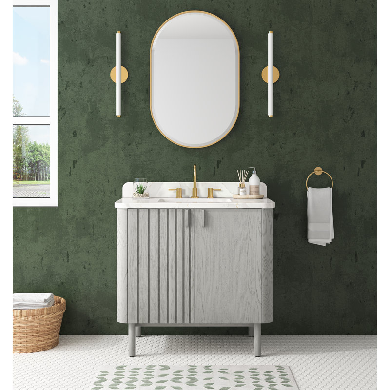 Meuble-lavabo sur pied simple 37 po avec plateau en quartz Blakely, Or, Gris