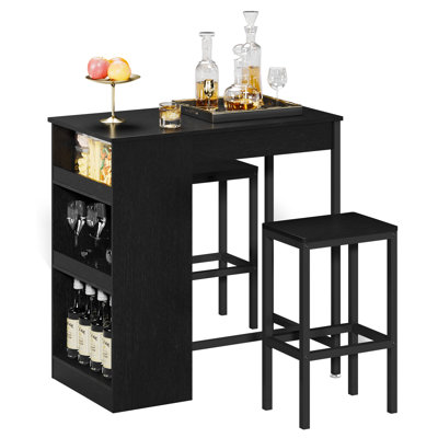 Small Bar Table & Chairs For Kitchen Nook, Black, Storage Shelves
