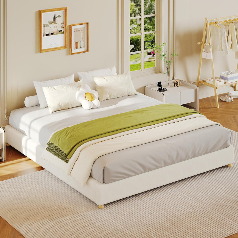 King Size Beige Corduroy Upholstered Cloud Low Platform Bed Frame Without Headboard  Wood Legs No Box Spring Required Quiet Easy Assembly