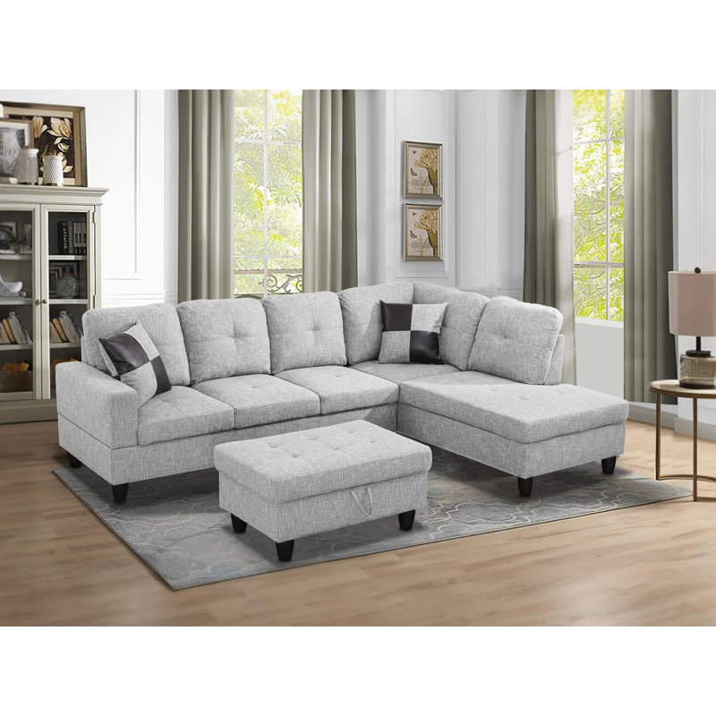 Canapé modulaire en forme de L de 103 po avec repose-pieds de rangement, Orienté à droite, Lin gris pâle
