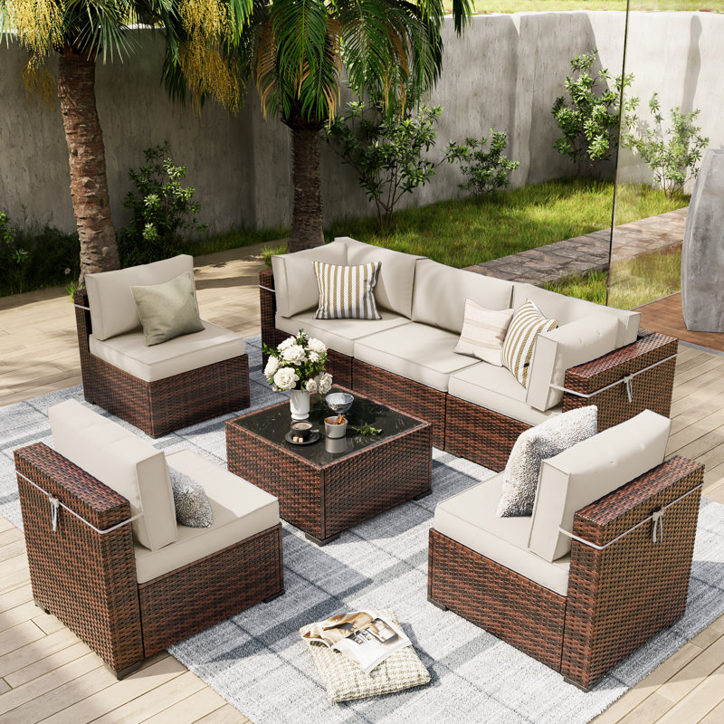 Ensemble de conversation modulaire en rotin 7 pièces avec coussins Keyala, Crème, crème