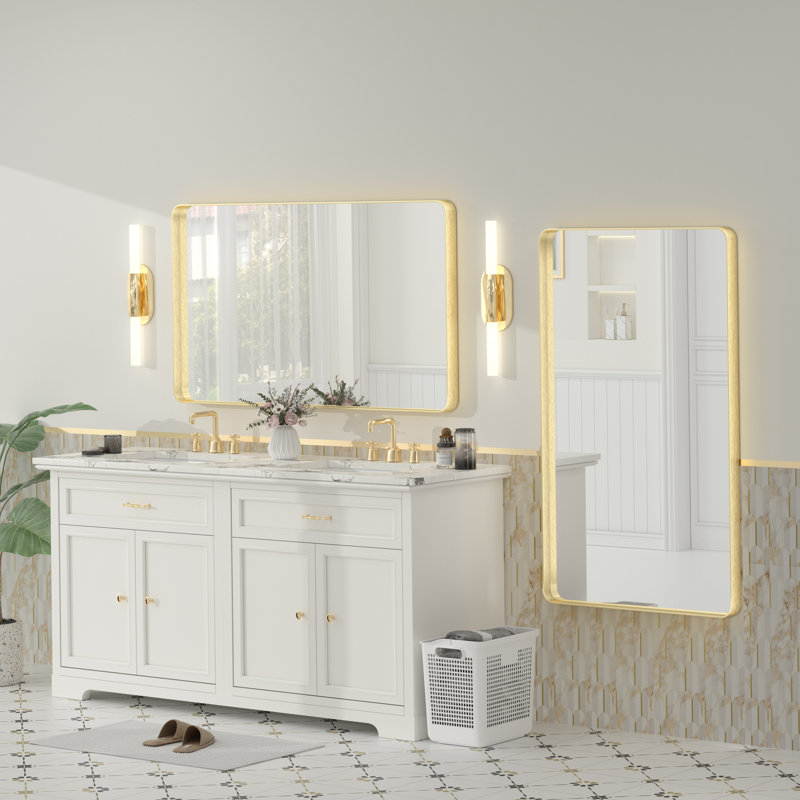 Molly Tempered Glass and Metal Framed French Cleat Mounted Wall Bathroom / Vanity Mirror, 48" x 30", Gold