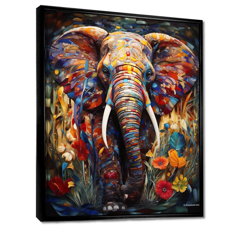 Éléphant coloré avec fleurs en fleurs - Éléphant, reproduction d'art murale, H 44 po x l 34 po