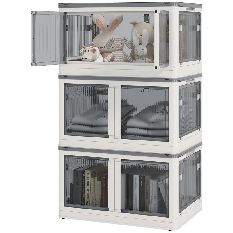 32 Gal Stackable Storage Bins With Lids, 3 Packs Collapsible Closet Organizers And Storage, Plastic Drawer Storage Container On Wheels With 5-Sided Access, Doors For Blankets