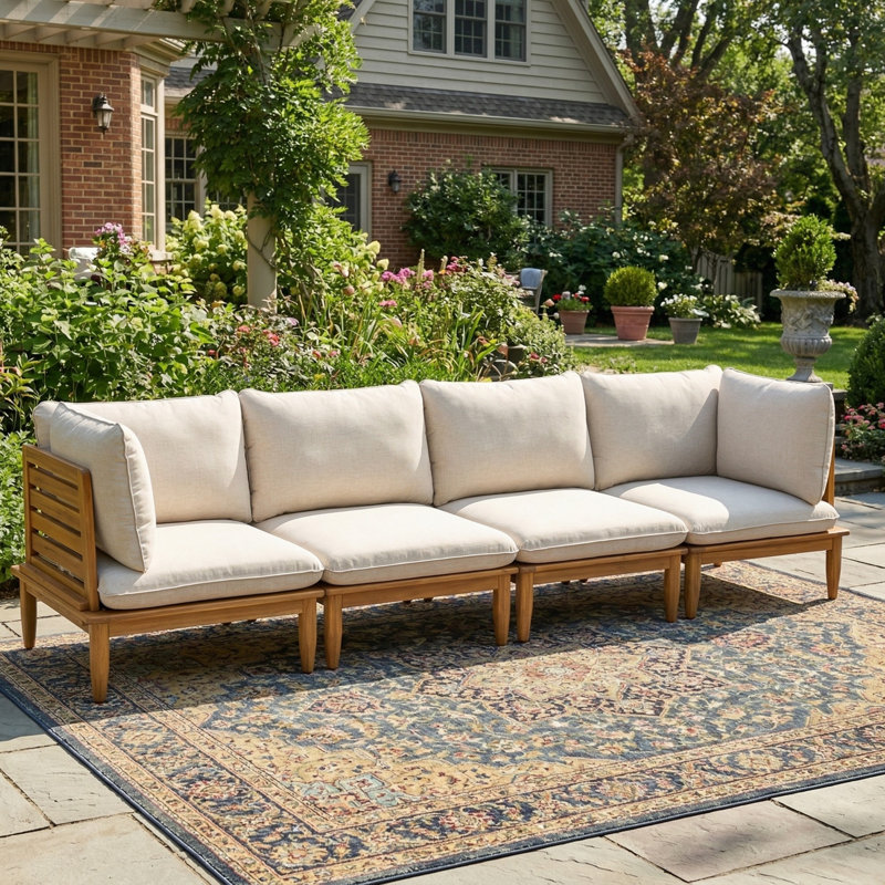 Cedartown Modern Rustic Acacia Wood 4-Seater Outdoor Sofa With Cushions
