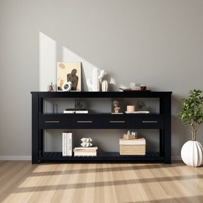 61.5'' Large Entryway Table With 4 Drawers,Painted Console Table With 3-Tier Open Shelves And Metal Handles,Versatile Hallway Sofa Table For Living Room, Bedroom, Foyer And Kitchen