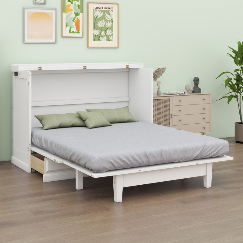 Lit escamotable en bois avec station de charge et grand tiroir de rangement, Grand, Blanc