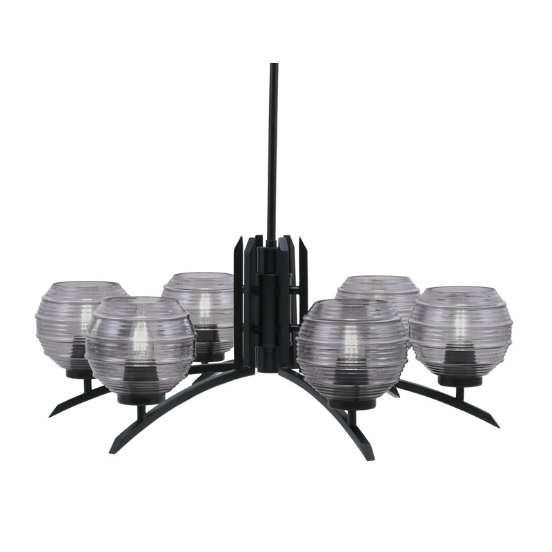 Lustre lumineux en verre nervuré fumée de 6 po, H 58,25 po x l 27,5 po x P 27,5 po, Noir mat, 6