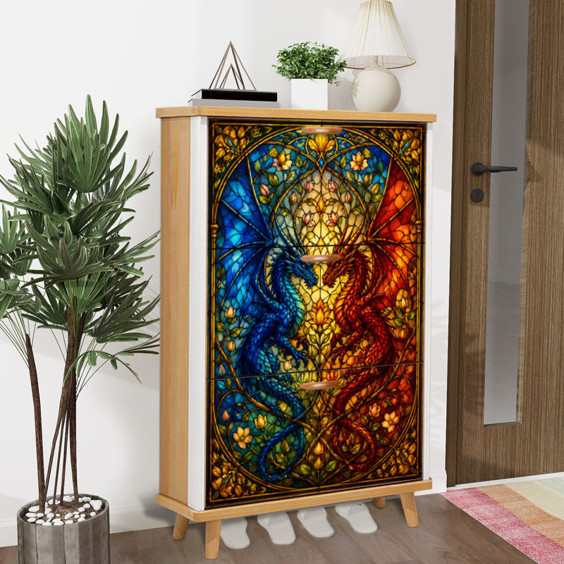 Armoire de rangement pour chaussures avec 3 tiroirs rabattables pour impression de vitrail Dragons bleu rouge Nature Elements