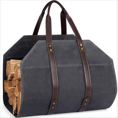 Grey Waxed Canvas Firewood Tote – Large Capacity, with Handles for Easy Transport