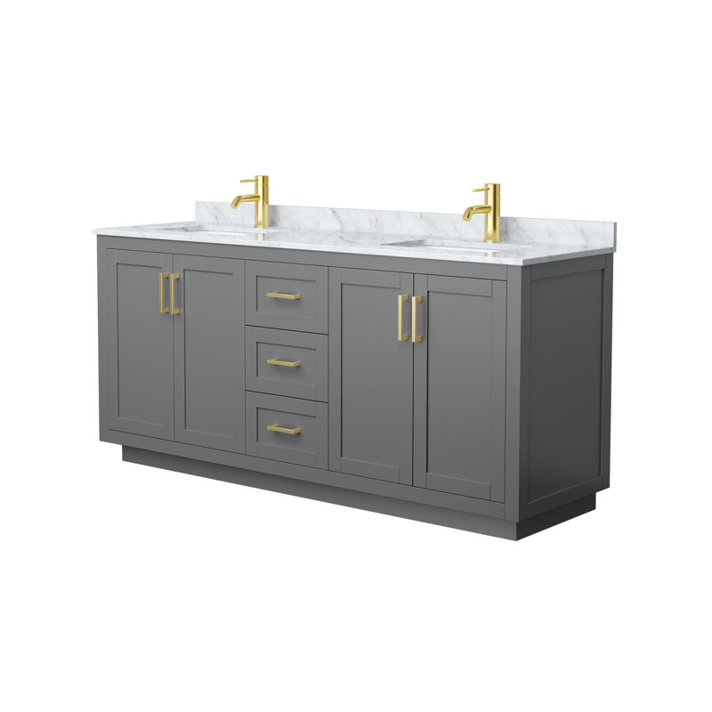 Meuble-lavabo double autoportant 72 po avec plateau en marbre Miranda, Gris foncé, Or brossé