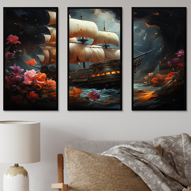 Pirate Ship Nightly Voyage II - Art mural pirate, Cadre flottant noir, H 28 po x l 36 po