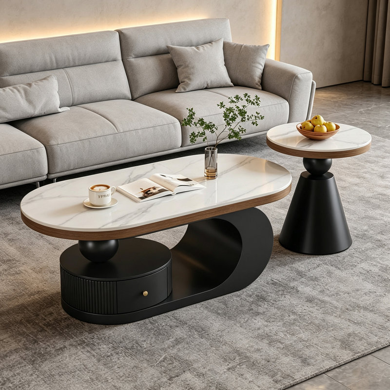 Disanto, H 15,74 po x l 51,18 po x P 27,55 po, Marbre, Plateau blanc / base noire