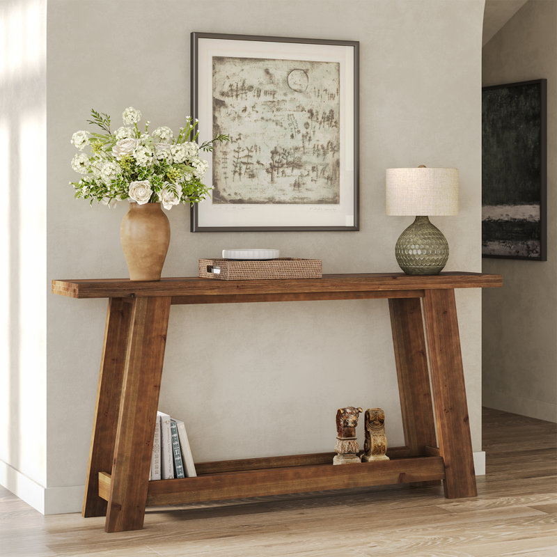 63" Solid Wood Console Table for Entryway, Living Room, Farmhouse Entryway Table with 2-Tier Shelf