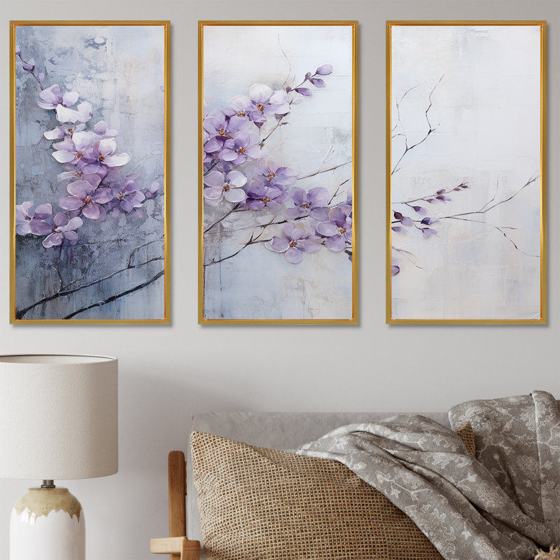 «Violet Minimalisme Violets - Violets», ensemble d'art sur toile, Cadre flottant doré, H 28 po x l 36 po
