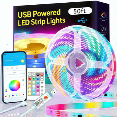 Bande DEL 15 m (50 pi), DEL RVB 2835 avec télécommande infrarouge 24 touches, contrôle par application, ruban lumineux flexible à changement de couleur, indice de protection IP20, idéale pour la décoration de chambre, de maison et de fêtes.