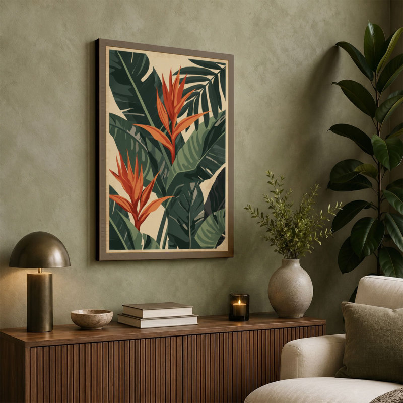 Birds of Paradise Botanical - Wrapped Canvas, 24x16 - 61.0 x 40.6 cm, Taupe Border