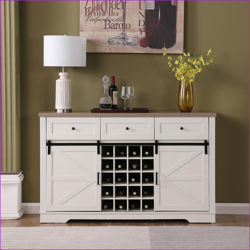 Armoire, bar à vin 58 po avec porte de grange coulissante, porte-bouteilles, 3 tiroirs, buffet blanc antique | Blanc cassé | Cuisine