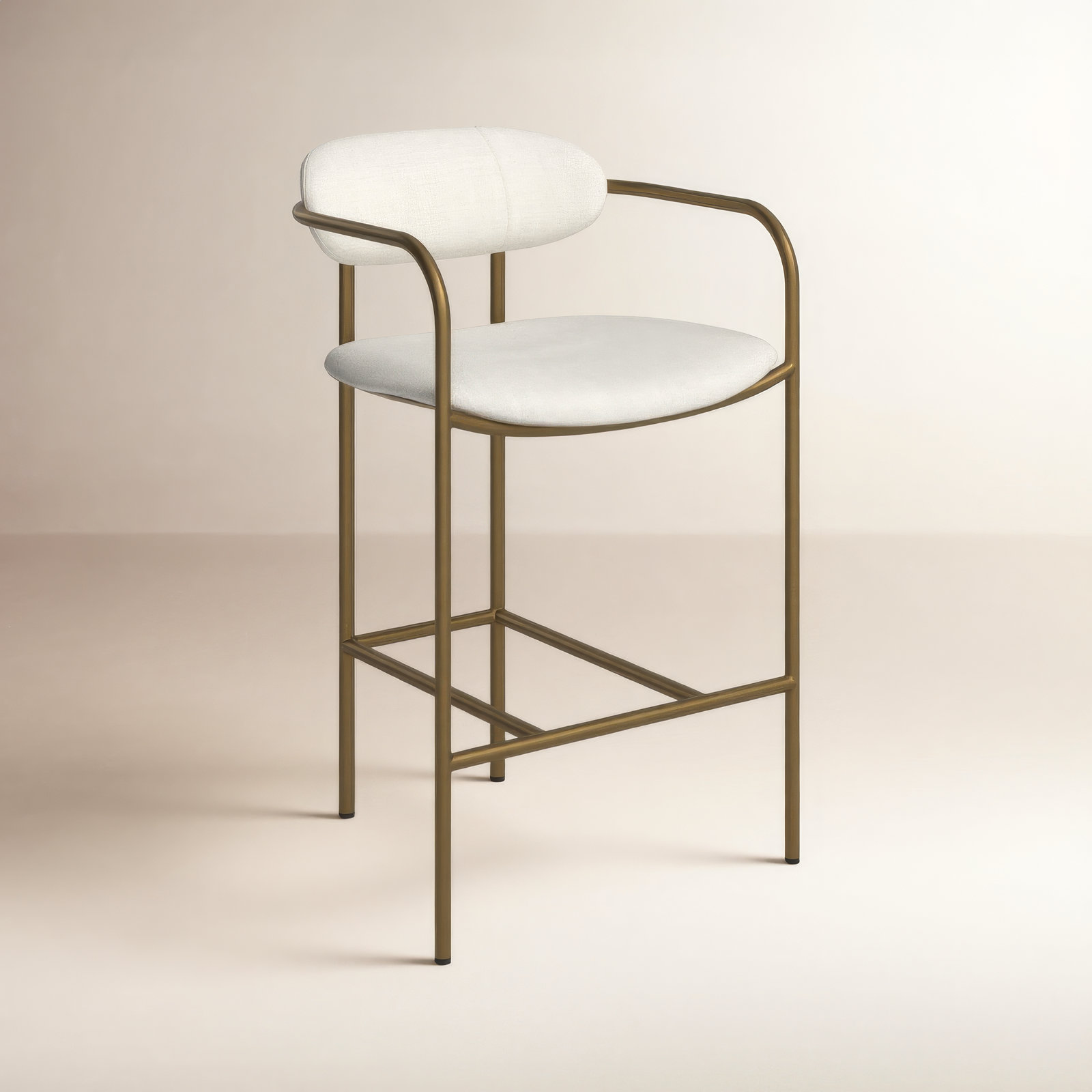 Belarus Fabric Seat Stool, Bar Stool (30” Seat Height), Antiqued Gold, Cream Linen Blend