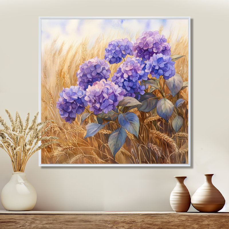 Hortensias dans le champ de blé - art mural hortensias, Impression encadrée flottante, H 16 po x l 16 po, Blanc
