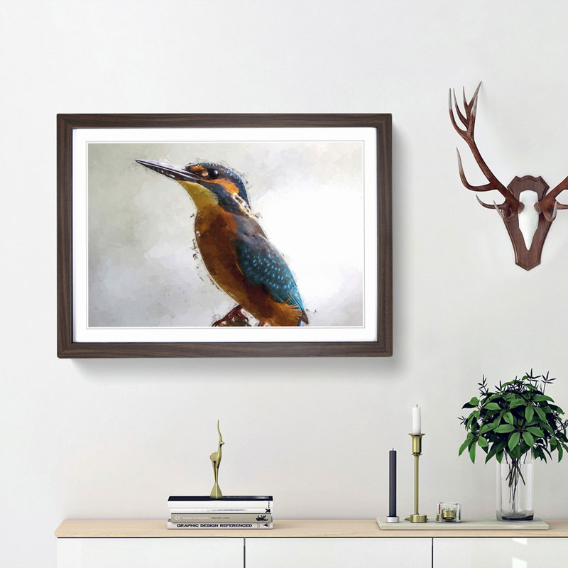 Graceful Kingfisher Bird in Abstract - Picture Frame Painting Print on MDF, 48cm H x 65cm W x 2cm D, Walnut Framed