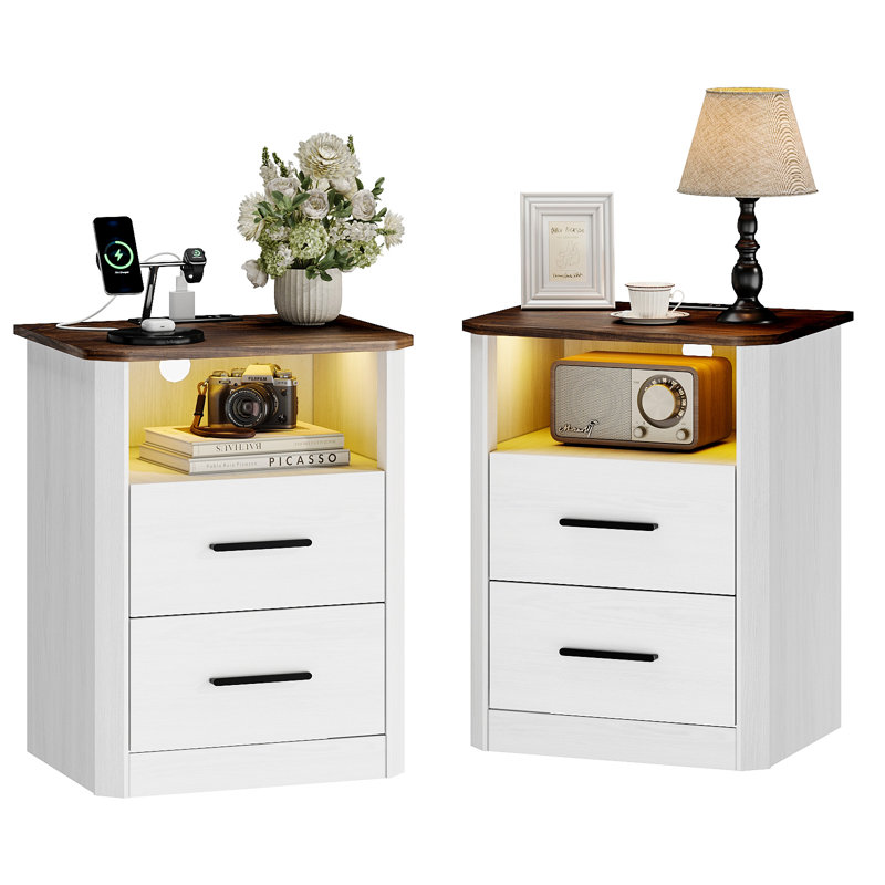 Nightstand with Charger Station & Strip Lights, 20" W Night Stand with Drawers for Bedroom, Side Table and End Table with Open Compartment-Easy Pull Handle(Set of 2)