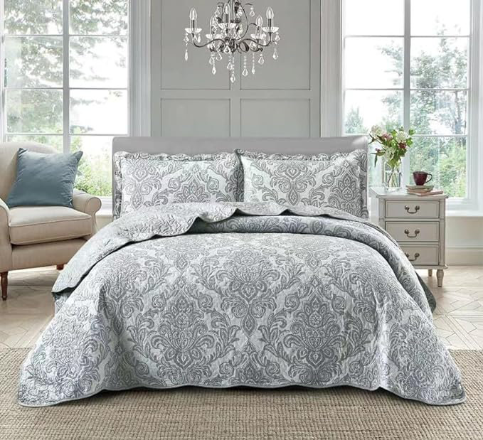Andrena Bedspread with Pillow Shams Included, Single Bedspread + 1 Standard Pillow Sham, Damask, Grey