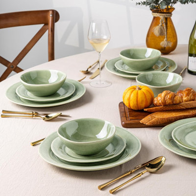 Handmade stone tool reaction glazed plate and bowl set, scratch resistant dishwasher and microwave safe, 4-person service (12 piece set) olive green
