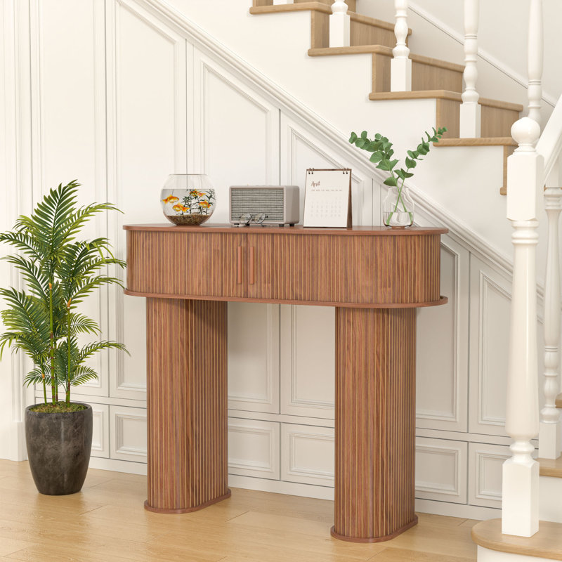 39.37'' Console Table, with 3 Storage and Sliding Doors Accent Tables for Entryway, Walnut