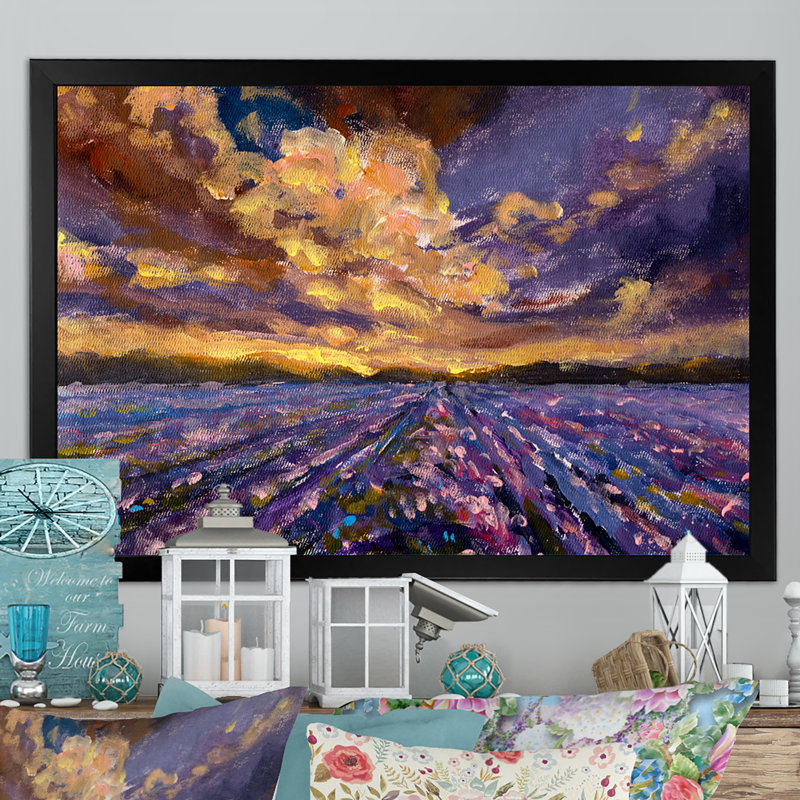 Lavande, champ mauve coucher de soleil II, reproduction sur toile flottante, Cadre noir, H 8 po x l 12 po x P 1 po