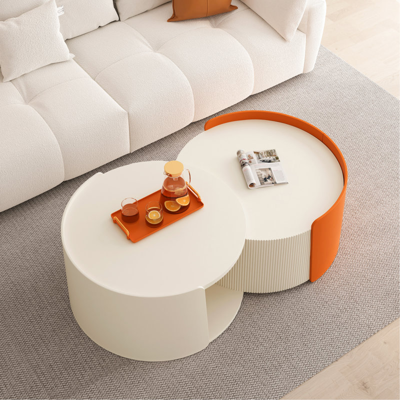Table basse gigogne moderne avec plateau coulissant extensible, Blanc antique / orange