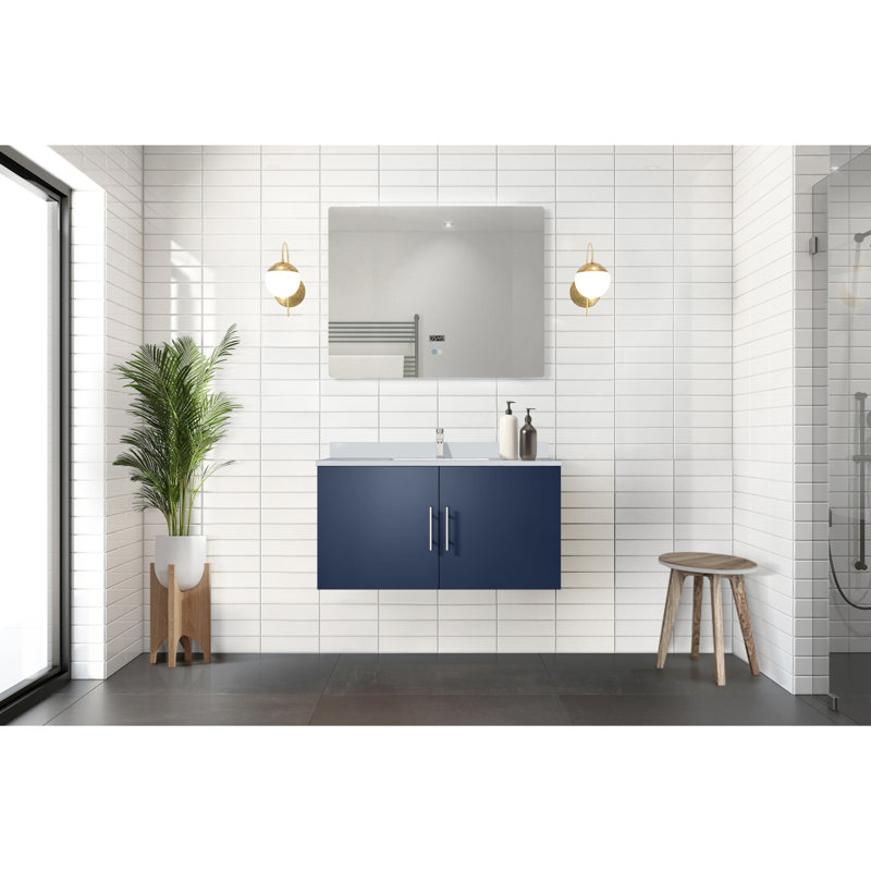 Bleu marine 36 po Meuble-lavabo pour salle de bain avec comptoir en quartz blanc, robinet et miroir à DEL, Marine