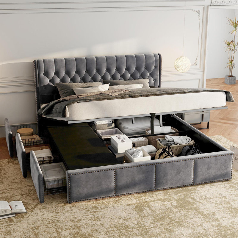Hatten Upholstered Velvet Drawers and Lift Up Storage Ottoman Bed, Super King (180 x 200 cm)