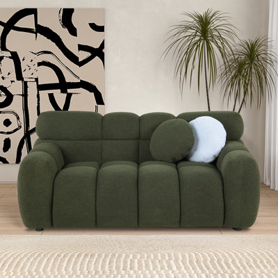 Kieayla 64.96" Modern Boucle Loveseat, Wavy Tufted Cloud Sofa with Foam and Spring Fill for Living Room, Includes 2 Pillows, Green