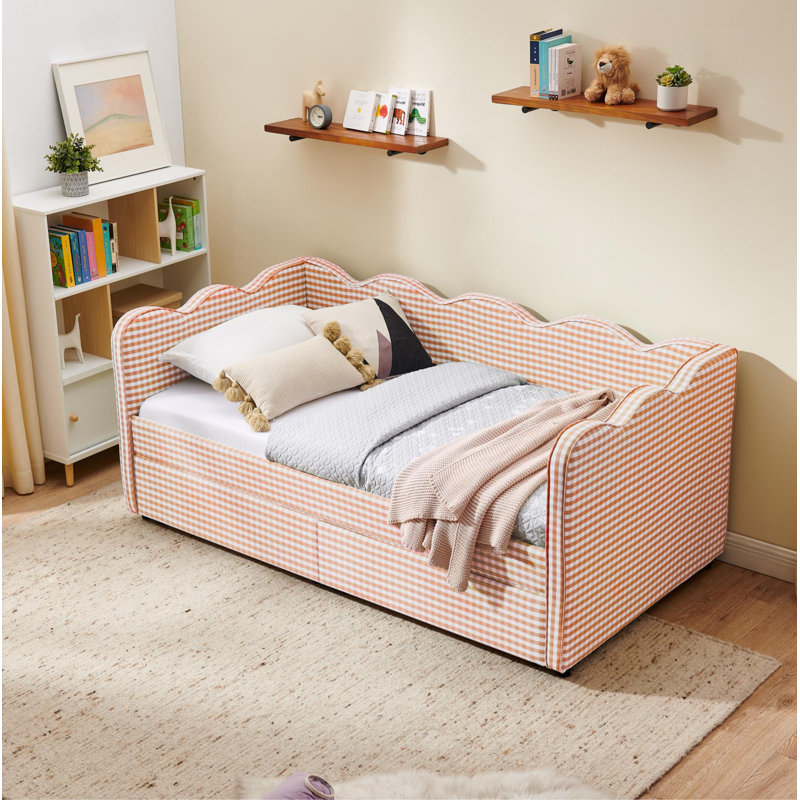 Twin Size Cozy Gingham Daybed with Two Storage Drawers, with USB Port and Adorable Wave Shaped, Linen Fabric, Twin, Pink