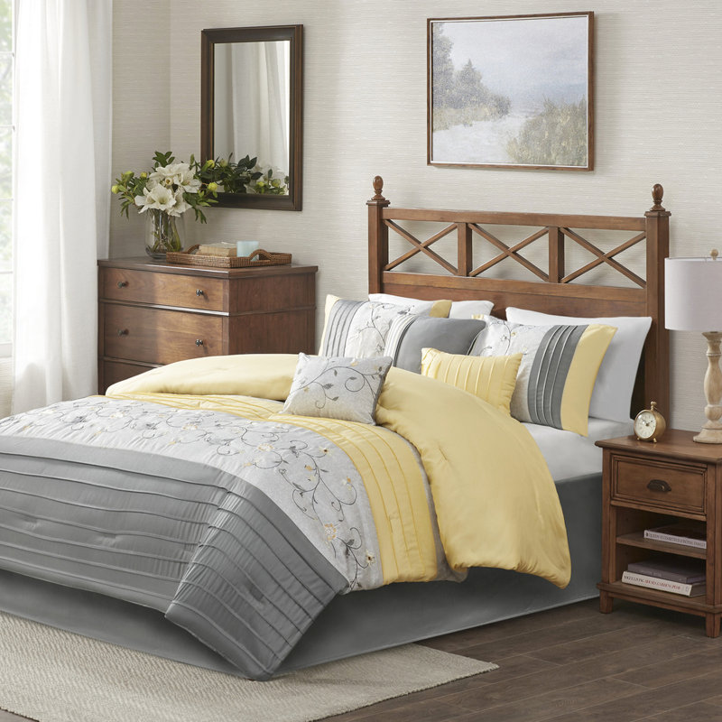 Édredon grand 7 pièces jaune - broderie élégante, soie artificielle, comprend édredon, taies décoratives, coussins, jupe de lit 100%, jupe, lavable à la machine
