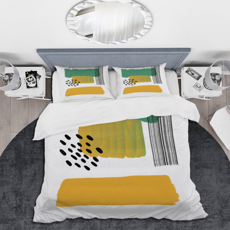 Green Minimalistic Abstract, pois noirs II - ensemble de housse de couette moderne - microfibre de polyester