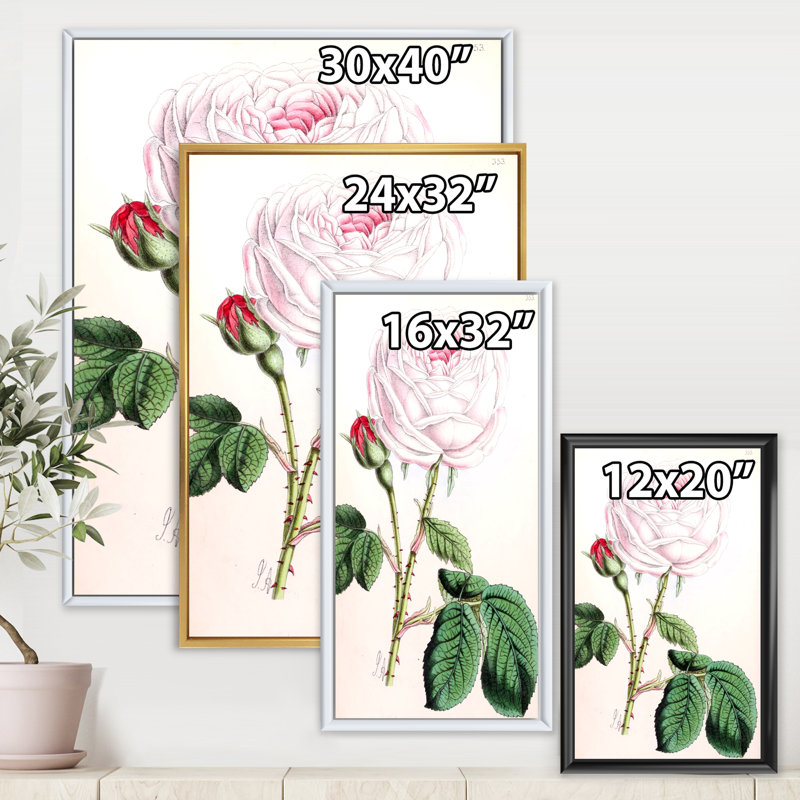 Fleur rose rétro - peinture sur toile, H 40 po x l 30 po x 1,5 po, Cadre flottant doré