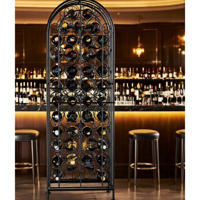 Organisateur de vin en fer forgé 45 bouteilles, conception verrouillable, porte de style, parfaite pour la cuisine, rangement profond d'une capacité de 14,34 po, serrure coulissante, bar adapté en bronze antique, largeur 17,92 po