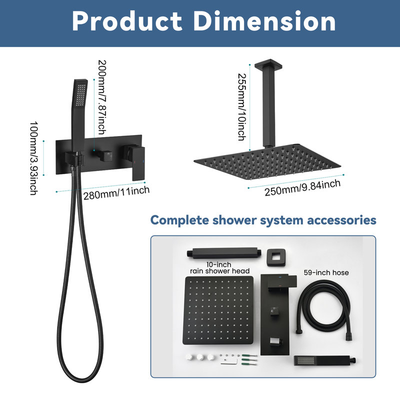 Système de douche de pluie au plafond noir mat de 10 po avec douchette, valve et garniture inclus