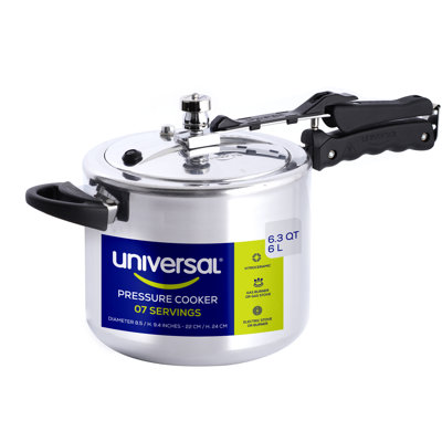 Universal (6.3 Quart / 6 Liter) Pressure Cooker, 7 Servings, Aluminum Pressure Cooker With Multiple Safety Systems and Heat Resistant Handles For Stews, Soup, Meat, and Beans