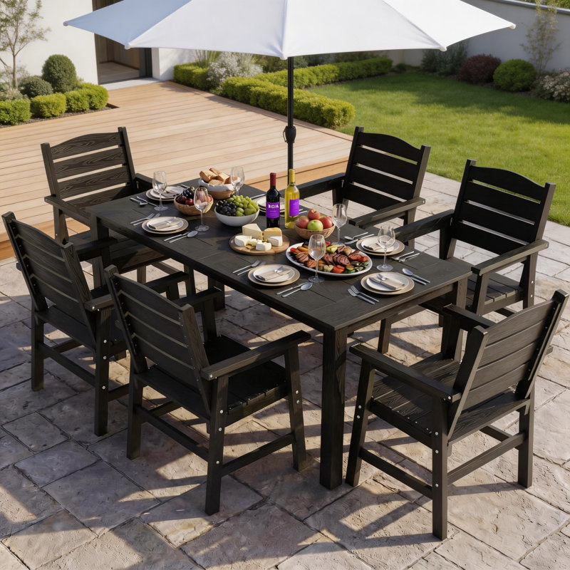 Ensemble de salle à manger d'extérieur toutes saisons de 7 pièces avec ensemble de parasol et cadre en aluminium Ensemble de salle à manger d'extérieur moderne pour 6 personnes pour cour arrière / porche / terrasse, 1 table, 6 chaises, noir
