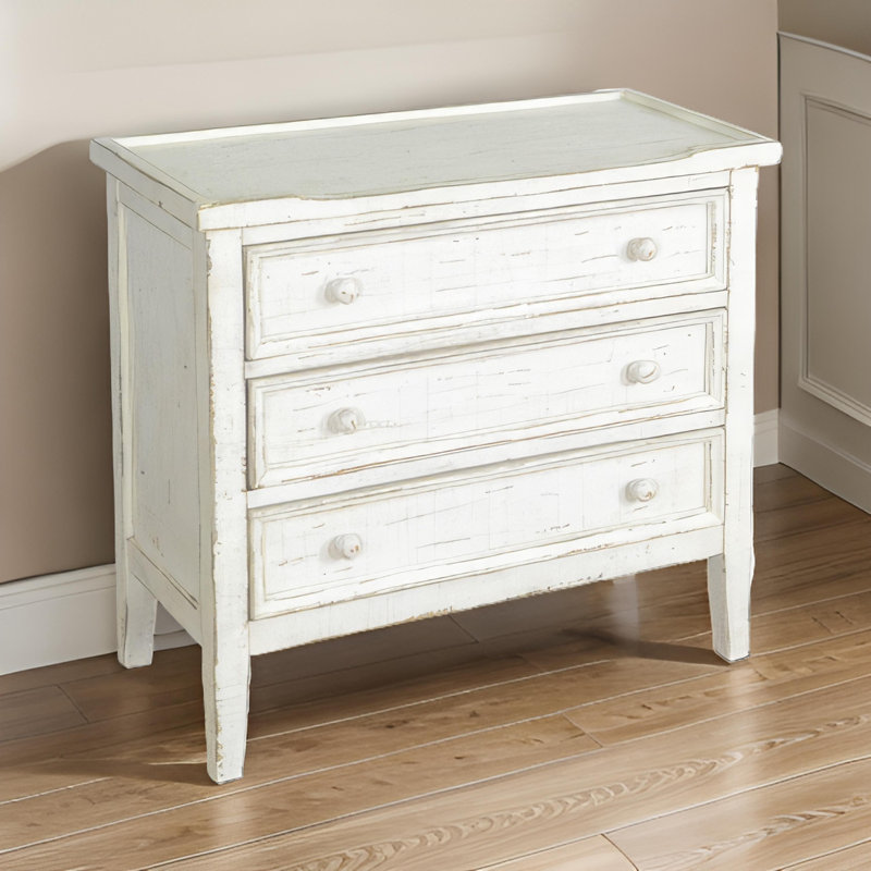 Rena Side End Table | 3 Drawers with Round Knobs | 28" Distressed Pebble Brown Mahogany Wood, White