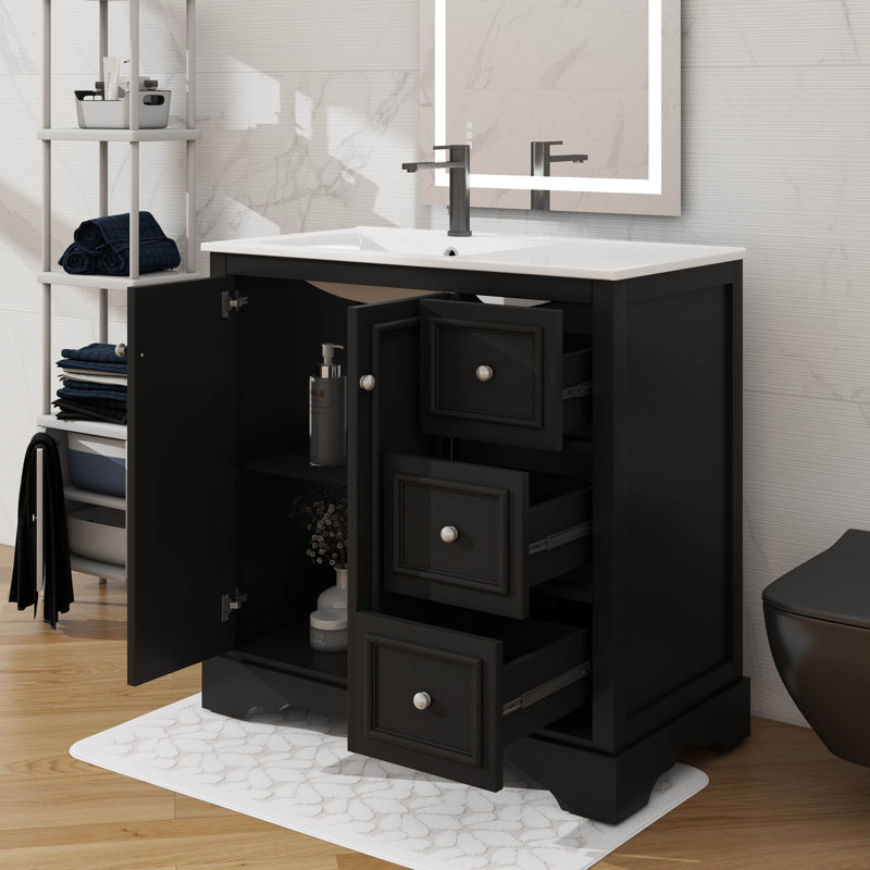 Meuble-lavabo autoportant de 36 po avec lavabo en céramique, 3 tiroirs, 2 portes et tablette réglable, Noir