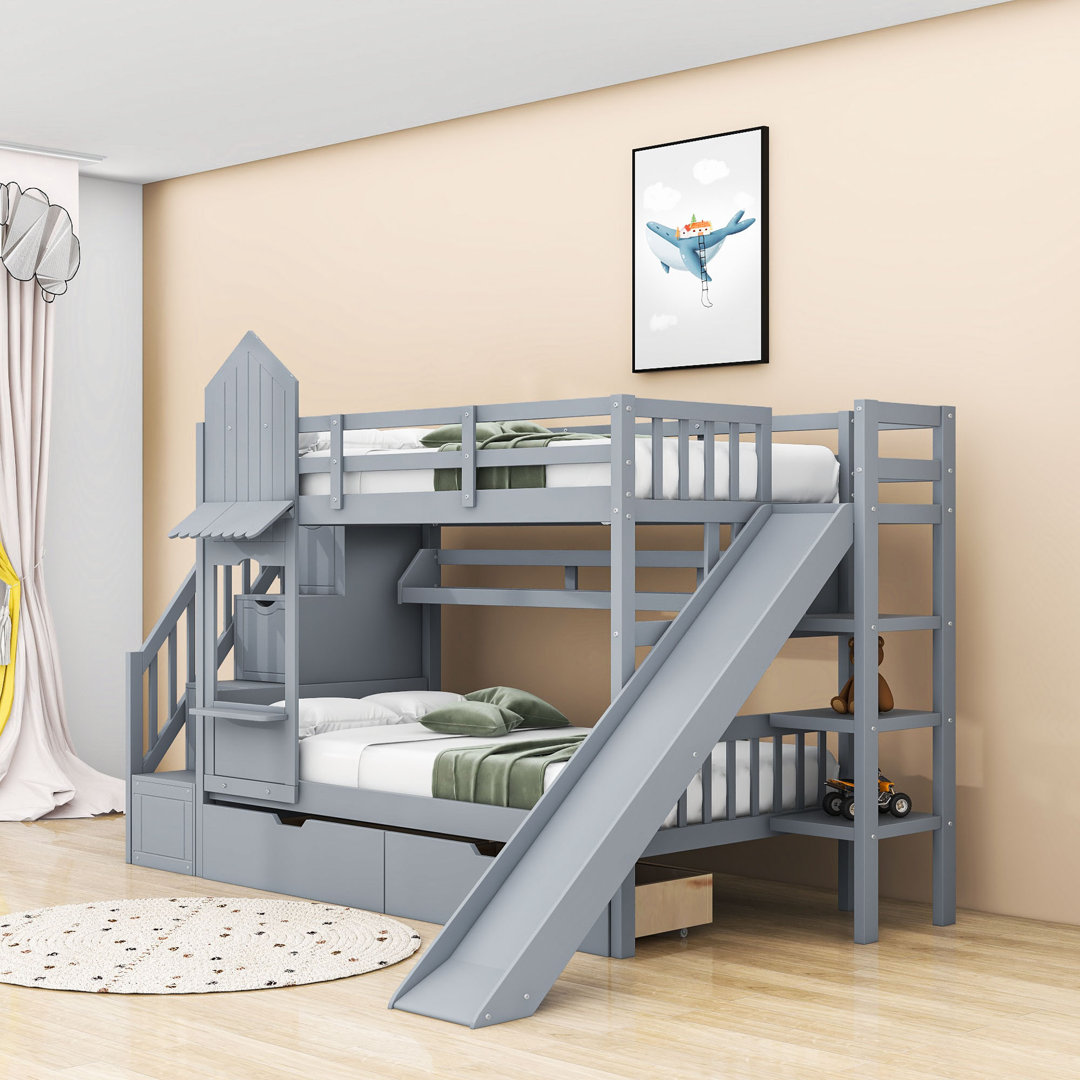 Jahmya 2 Drawers Wood Bunk Bed with Shelves and Slide Harriet Bee 