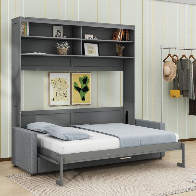 Grand lit escamotable mural en bois avec canapé, gris