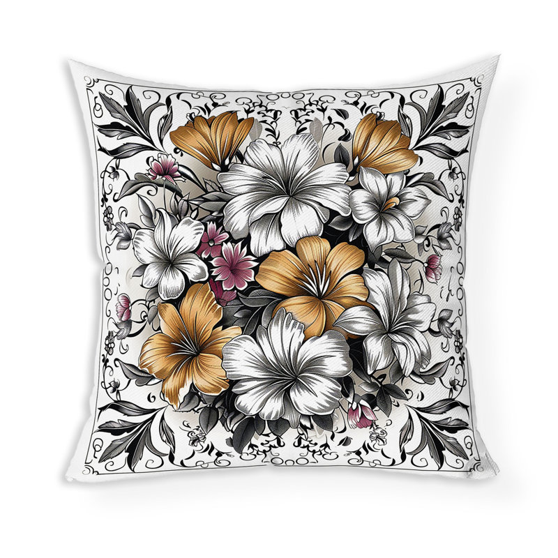 Coussin décoratif intérieur / extérieur Hibiscus Haven, Gris / Orange, H 26 po x l 26 po