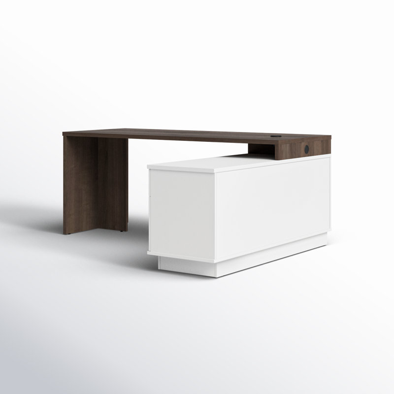 L-Shaped Executive Desk with Power Outlet, Antique/White