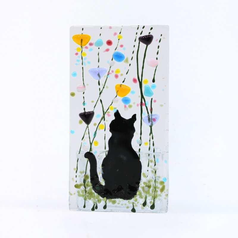 Handmade Fused Glass Tea Light Holder Cat Summer Meadow