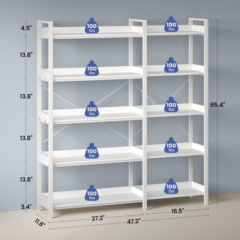 Awbree Bookshelf 5 Tier, Reversible Wood Corner Bookcase with Open Shelves for Living Room, White